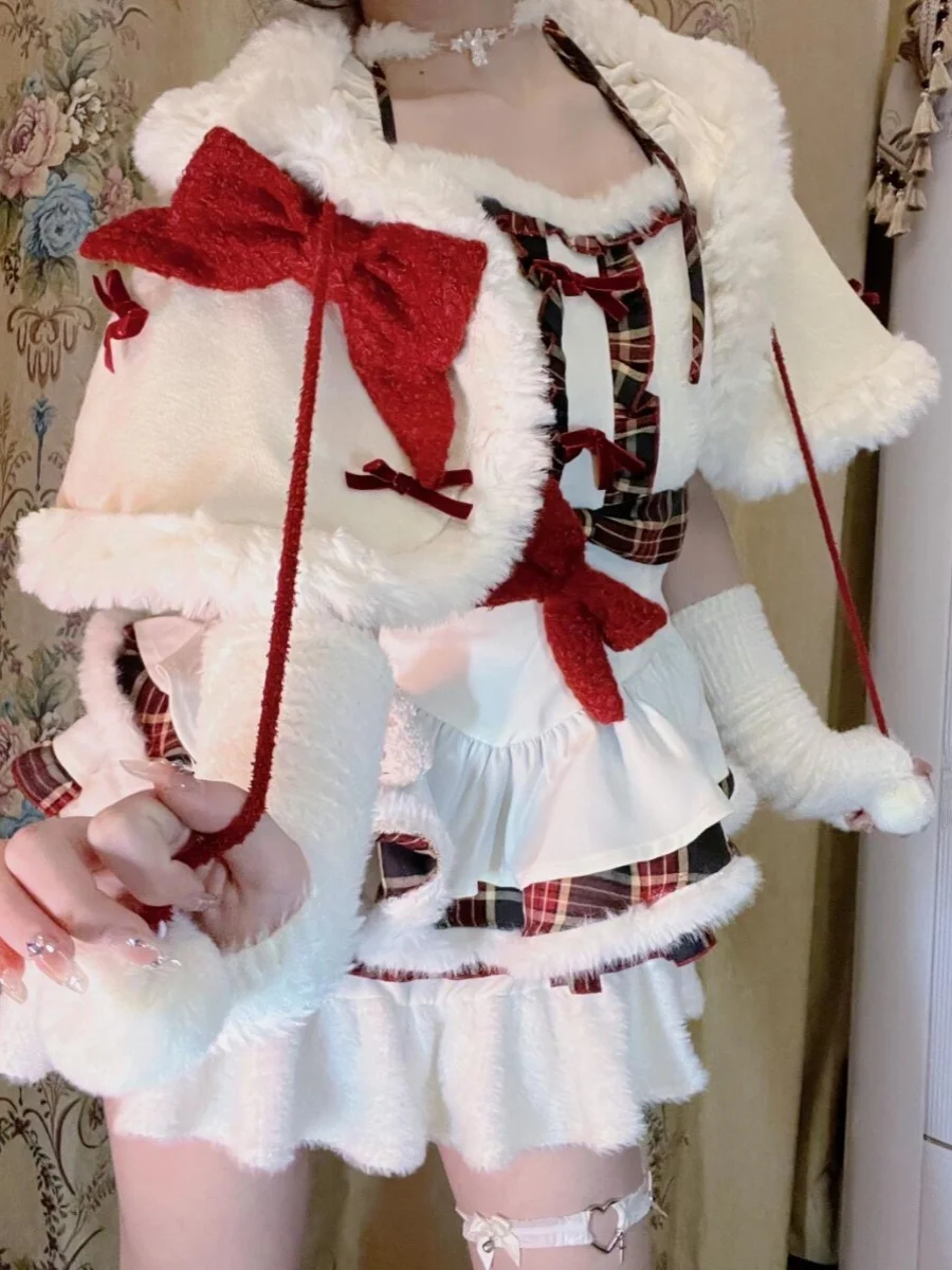

Christmas Theme Lolita Style Three-Piece Set with Coat Knot Frayed And Puffy Skirt for Young Women