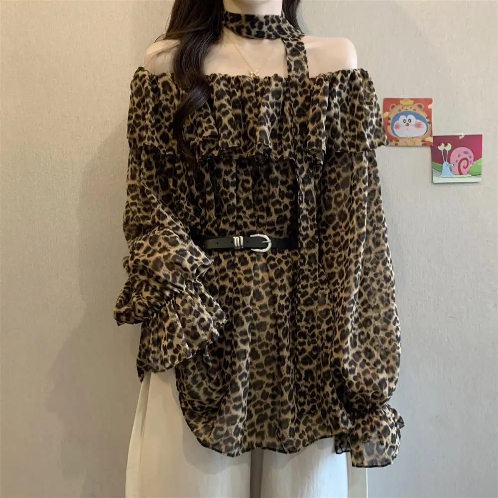 Women's Safari Print Shirt with Pleated Shoulder And Flounce Hem Long Sleeve Loose Fit Korean Style Office Wear Spring 2026