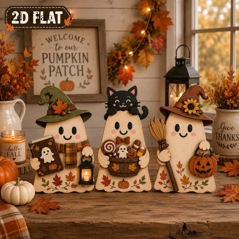 3-Piece Set of Cute Autumn Ghost Wooden Tabletop Signs, Layered Wooden Ghost Family, Autumn Decorations, Vintage Wooden Blocks, Can Be Used for Shelf Decoration, Featuring Elements Such as Ghosts, Black Cats, Pumpkins, Etc., Ideal Gift for Halloween and Christmas.