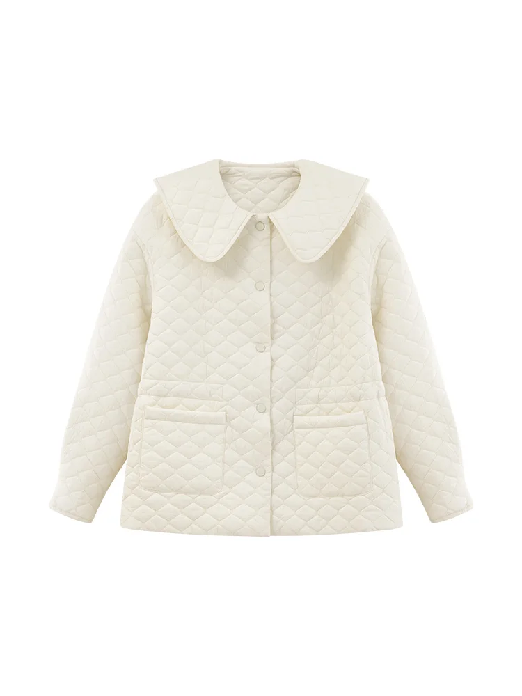 Quilted Doll Collar Cotton Jacket Women Winter Lightweight Warm Padded Coat Cute Slim Short Outerwear Petite Girls Cold Weather