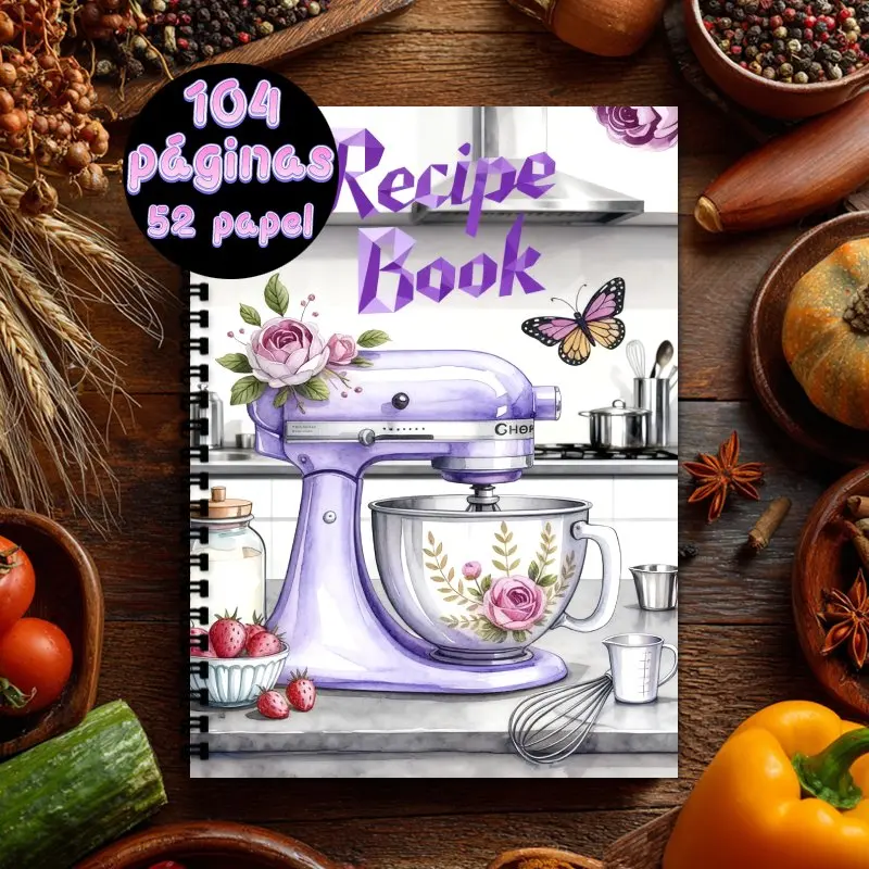 A5 Spanish cookbook,Spiral binding,for Men & Women Holds 100 Recipes,Purple Chef Mixer with Butterflies & Roses in Cozy Kitchen