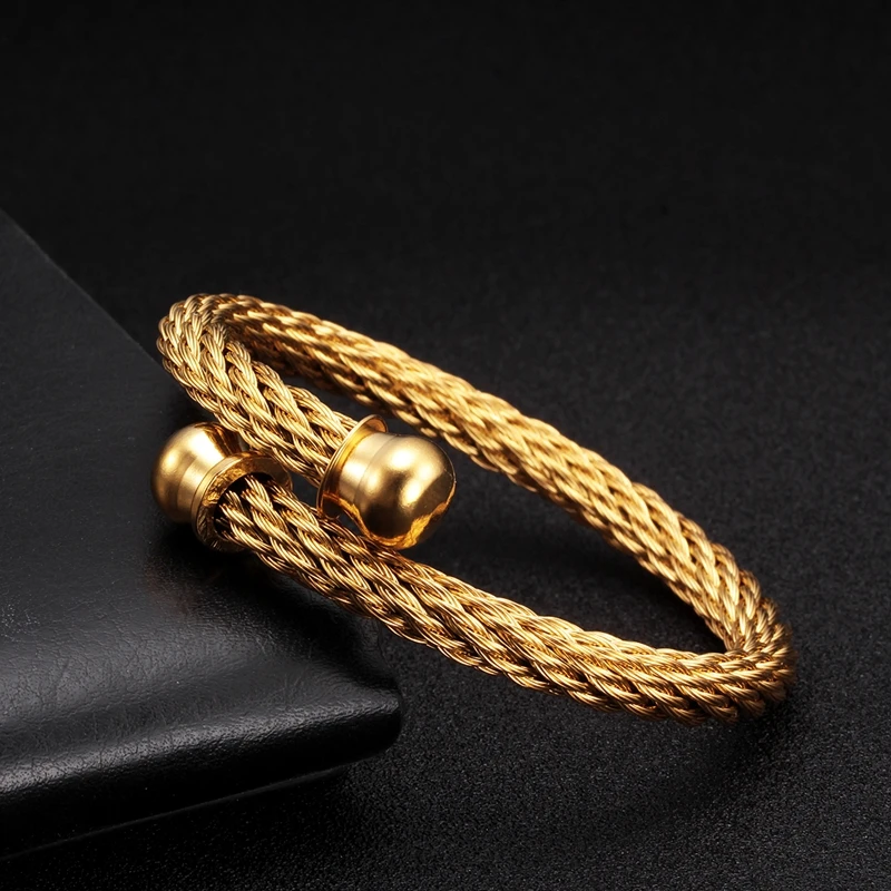 Gold Plated Stainless Steel Braided Open Cuff Fashion Bracelets Trendy Men Male Chain Link Sporty Wristband Jewelry Gift