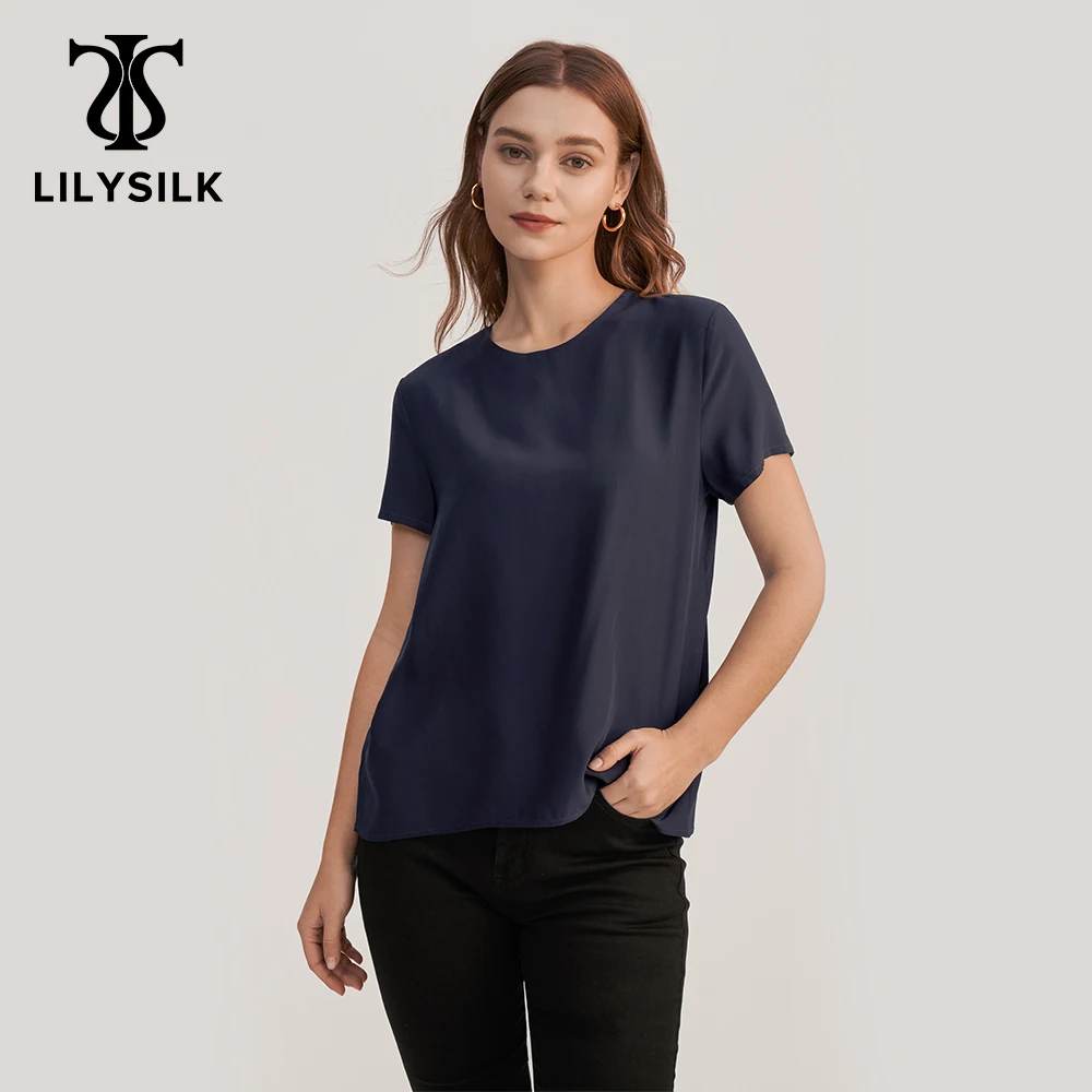 

LILYSILK Silk Blouse Women Top Shirt Short Sleeve Tee Ladies Pure Nature Mulberry Round Collar Button Slit Back Closure Elegant