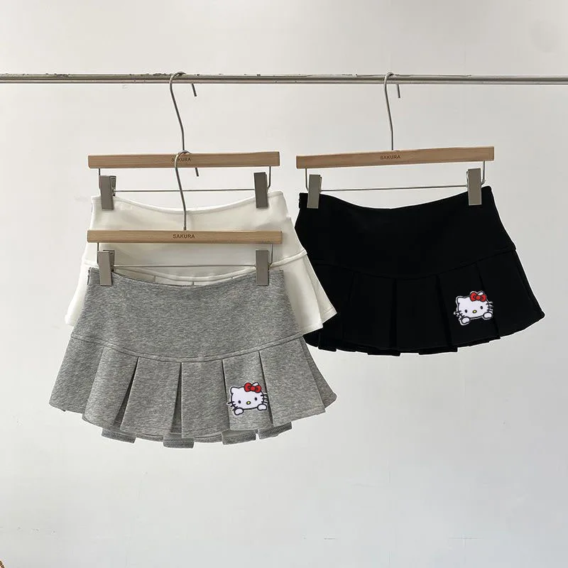 

New Hello Kittys Women's Terry Fabric Low Waist Y2K Mini Skirt Wide Pleat Decoration Light Gray Flounce A Line Skort Hot Sweet