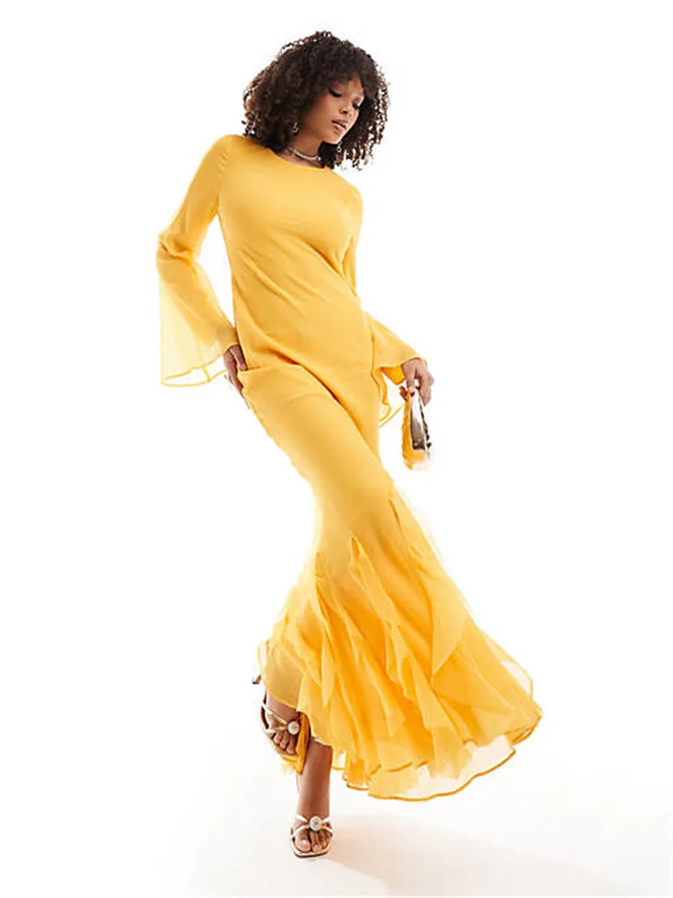 

Hot Selling Crew Neckline Long Flared Sleeves Sheath Chiffon Evening Dress Elegant Back Zipper Floor Length Gown For Women 2024