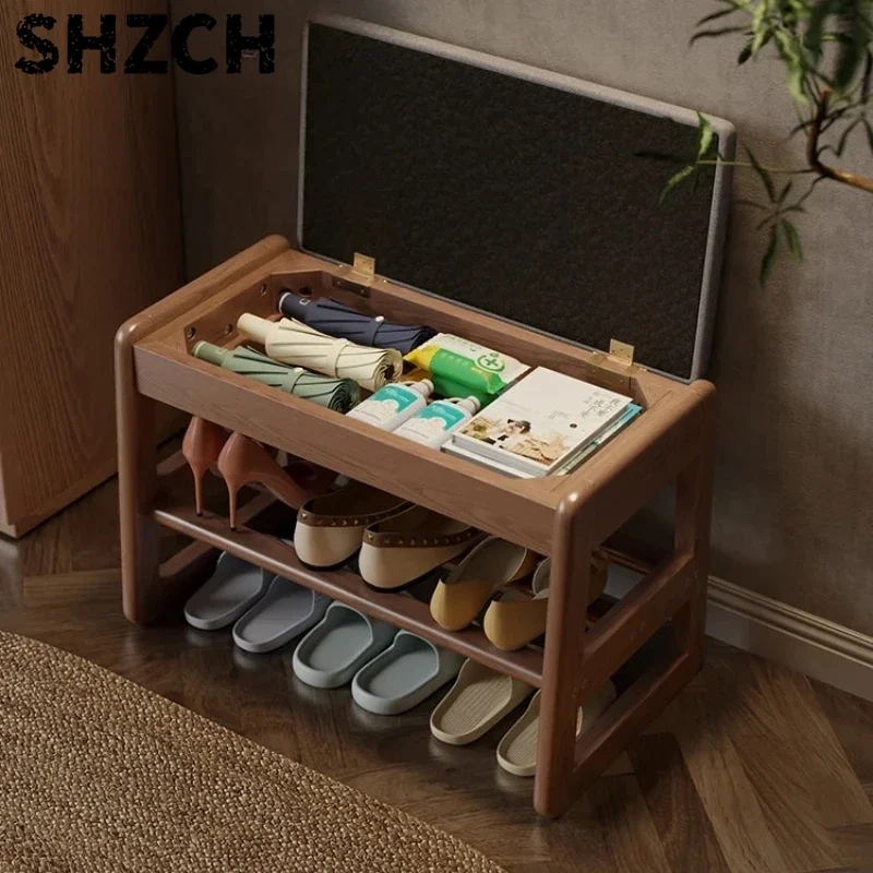 ‌Modern Wooden Shoe Bench - Entryway Storage Stool for Small Spaces, Folding Seat with Shoe Rack, Space Saving Hallway Organizer