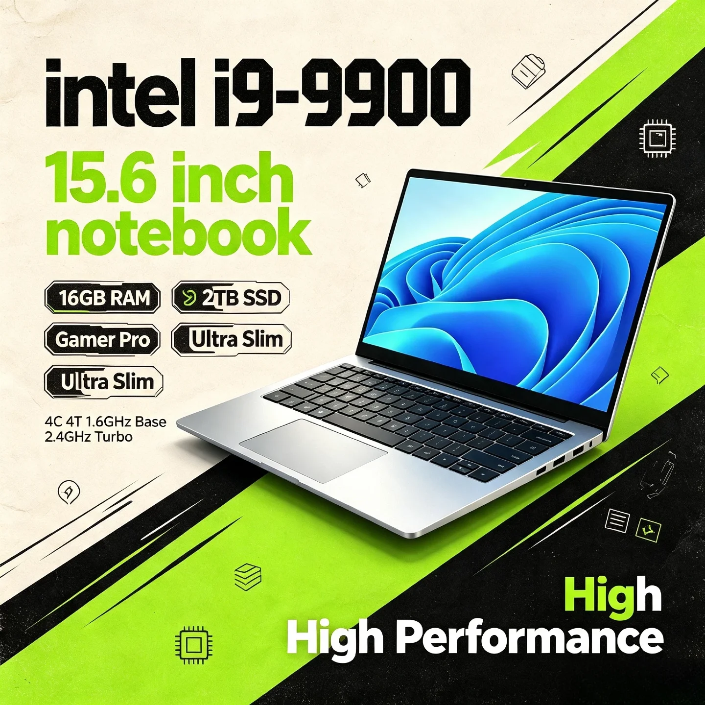 Ultra Slim 15.6 Inch Laptop 32GB RAM 512GB 1TB SSD Intel Core i9 9900 8C 16T 5GHz Gaming Notebook Office 1920x1080