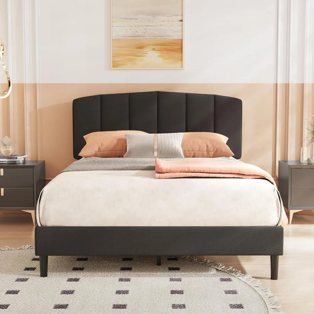 

Upholstered Full Size Black Platform Bed Frame with Velvet Upholstered Headboard Wooden Slats Support No Box Spring