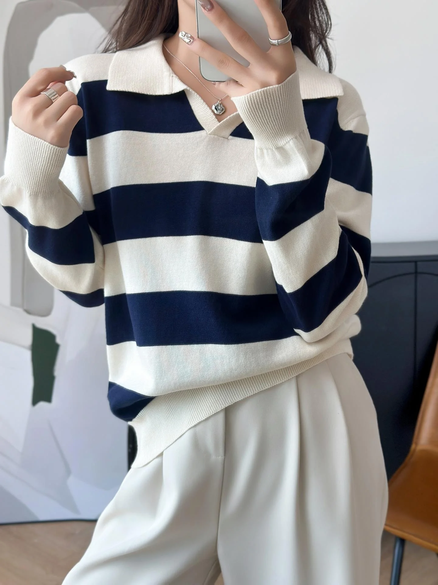 

Color Blo Striped 00% Pure Cotton Knitted Ne Sweater for Women Sli Top Miux Sle New Arrival 2025
