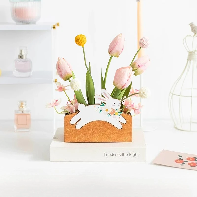 Countryside style simulation tulip potted plant decoration, home decoration cartoon rabbit flower box desktop floral ornaments