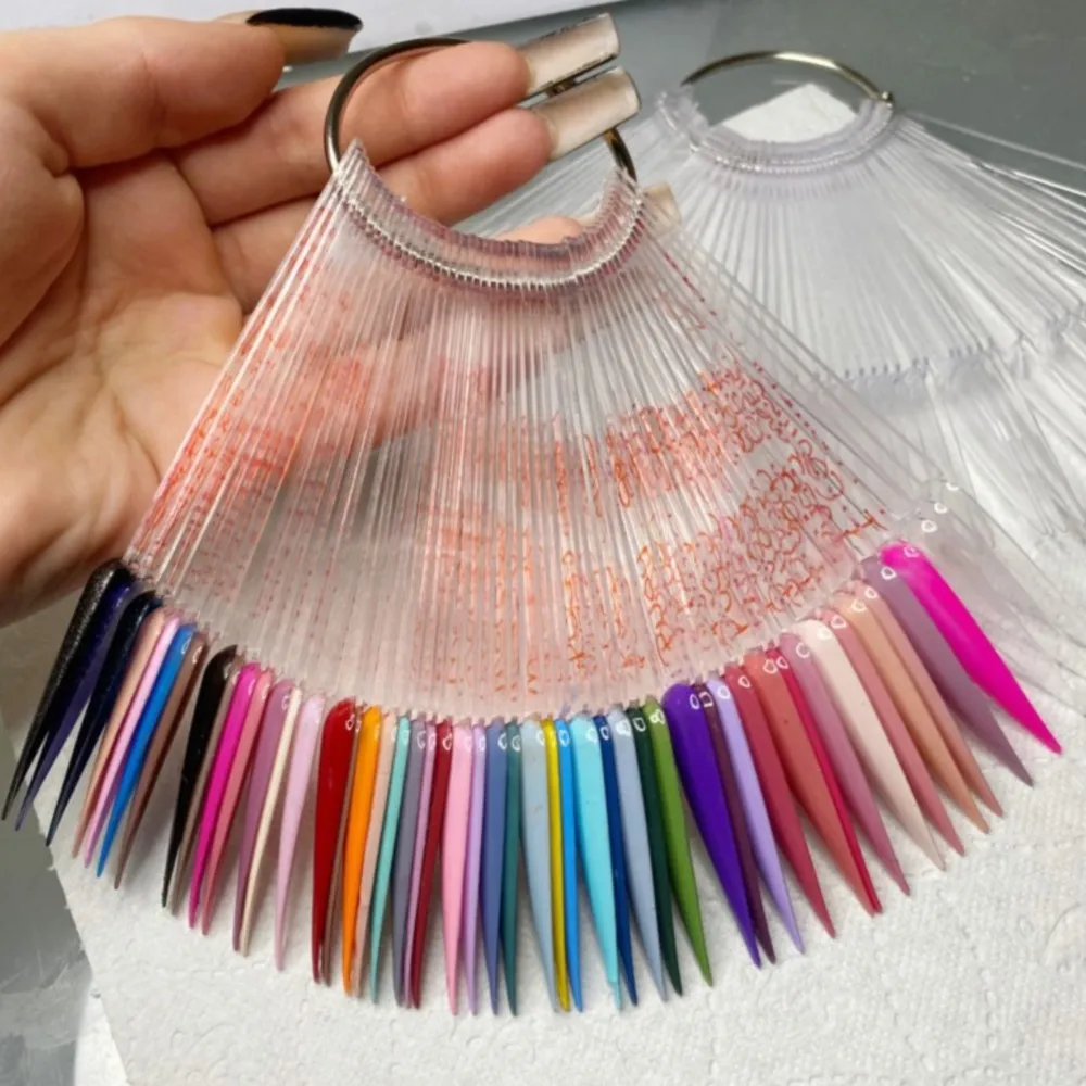 

40/50Pcs Clear Nature Nail Swatch Sticks with Ring Fan Shape Nail Art Polish Display Tips False Nail Color Display Practice Tool