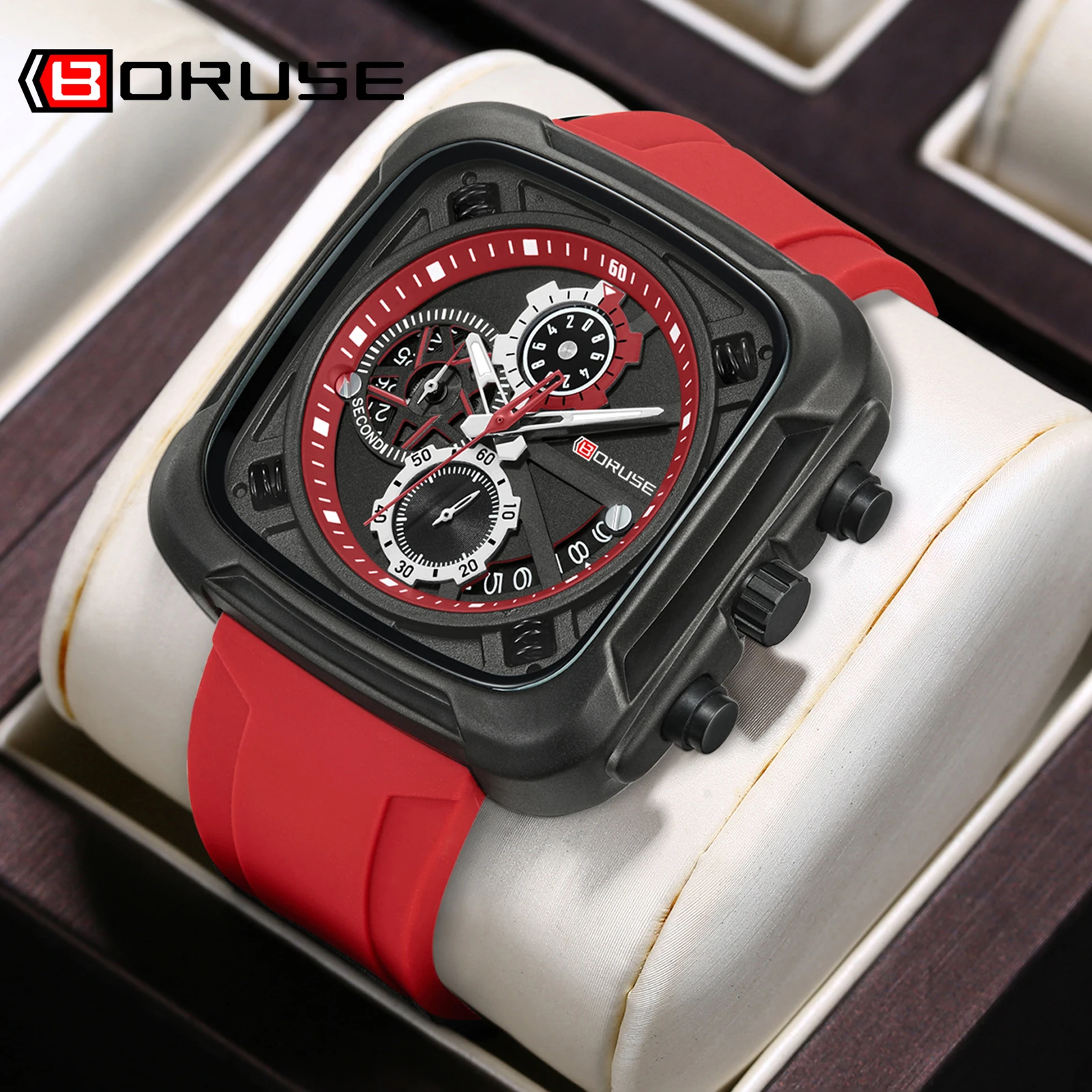 Montres chronographes en silicone rouge pour hommes, montre étanche pour hommes d'affaires, horloge à quartz, inspection de la faillite