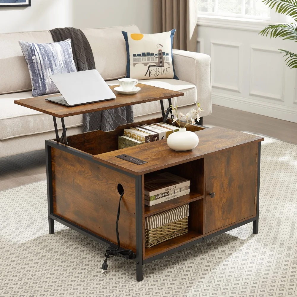 Lift Top Coffee Table With Hidden Storage, Living Room Modern Tea Table, Center Tables With 2 Open Shelves For Dining Reception