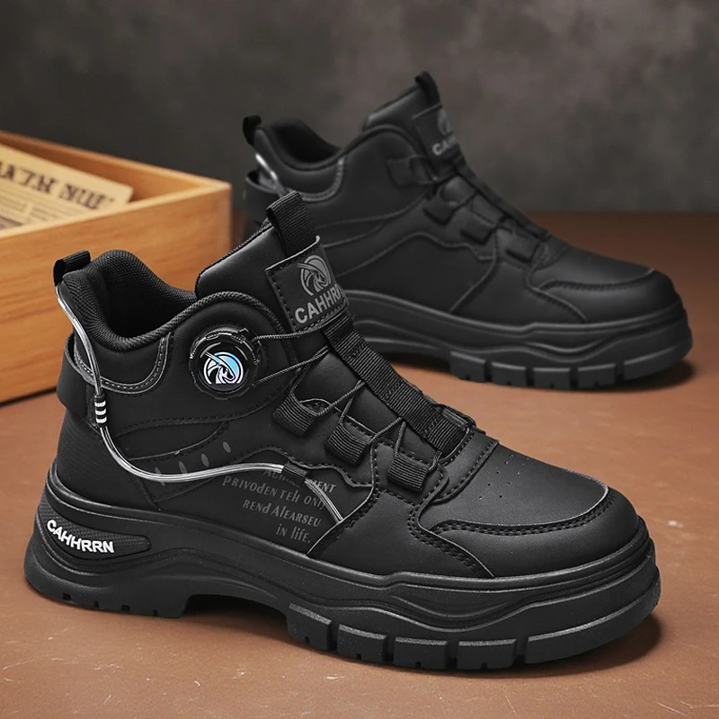 

Men's High Top Sneakers Fashion Leather Casual Shoes Outdoor Non Slip Hiking Shoes for Men Rotating Buttons Platform Shoes Botas