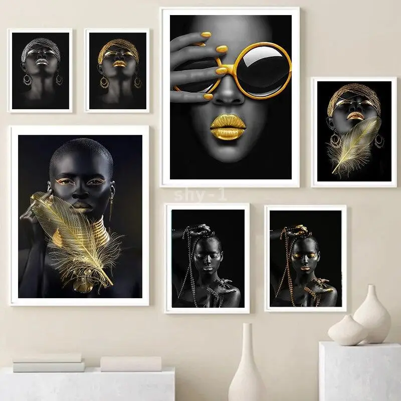 African Girl Canvas Print with Gold  Silver Jewelry Modern Black Woman Wall Art for Home Decor