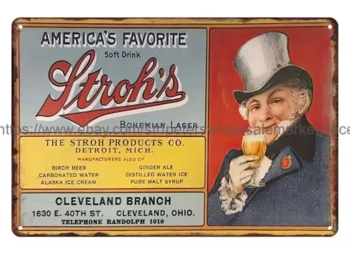 Stroh's Bohemian Beer Lager America's Favorite Bar Diner metal tin sign