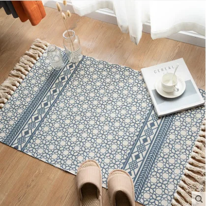 Nordic Cotton And Linen Rug Floor Ethnic Style Carpet Door Tassel Foot Small Rug Bedroom Geometric Rug For Living Room area rug