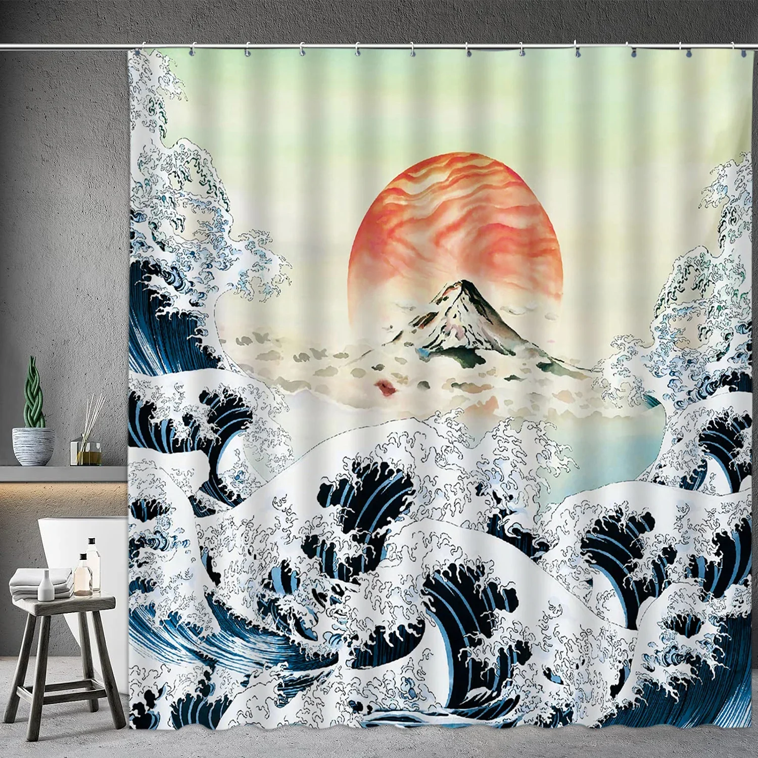 Asian Shower Curtain Japanese Traditional Black and White Mt. Fuji Cherry Blossom Fish Waves Red Sun Octopus Bathroom Decoration