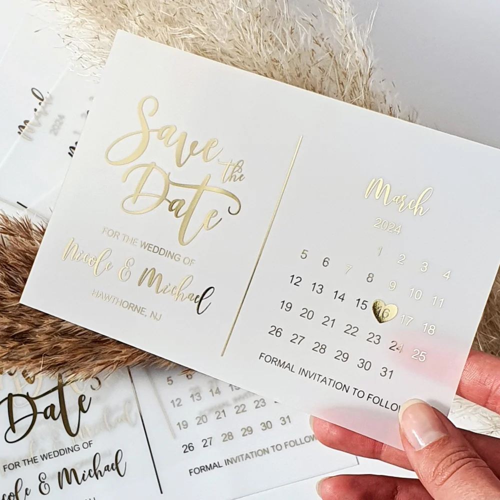 Gold Foil Calendar Luxury Wedding Invitation Couple\'s Name Custom Elegant Party Invite Save The Date Card  Vellum