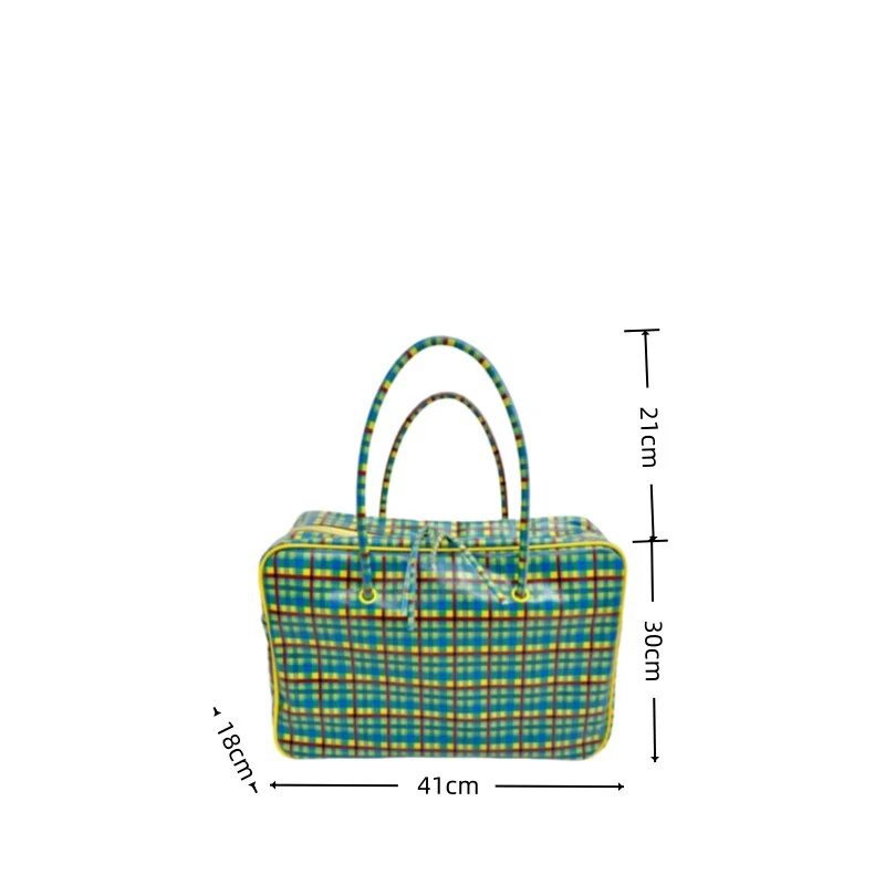 Karierte Schultertasche, Damen-Tragetasche mit großem Fassungsvermögen, minimalistische gelb-grüne Colorblock-Reisetasche mit Tragegriff – Detail 1