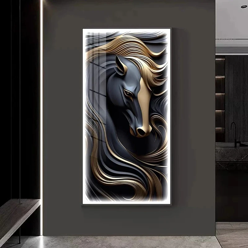 Modern Black Handsome Horse Luminous Indoor Painting Led Wall Lamp For Entry Hall Living Room Dining Room Abstract Decorative