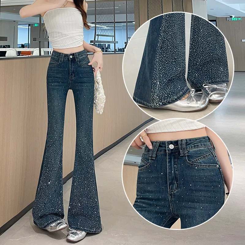 Women's Vintage Skinny Flare Jeans All‑Over Hot‑Fix Rhinestone Embellishment Butt‑Lifting Slim Fit Floor‑Length Trendy Pants