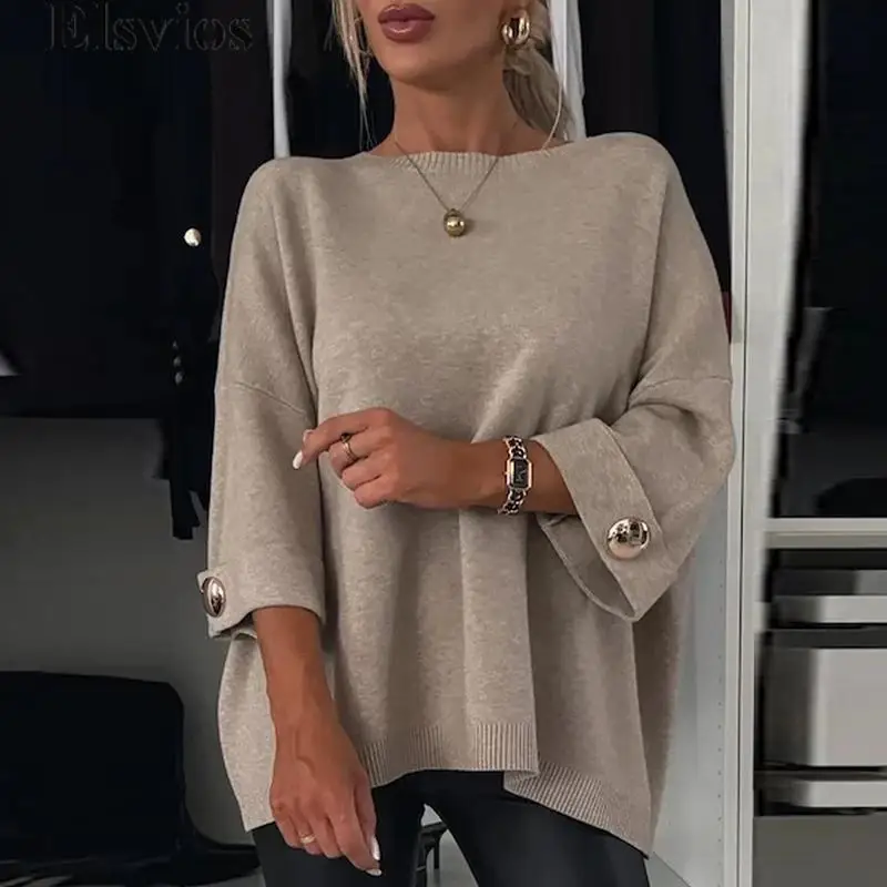 Jumpers monocromáticos com gola redonda feminina, moda inverno, manga comprida, suéter de escritório tricotado, mulheres elegantes, todos os fósforos, camisas soltas, senhoras, 2022