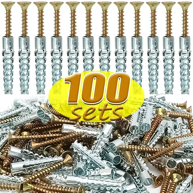 Self Tapping Screw Kit Metal Expansão Tubo Sólido Serrilhado, Perfuração Plugs, Thorny Expansão Parafusos, Fixadores, Âncoras, 100 Conjuntos, 10 Conjuntos