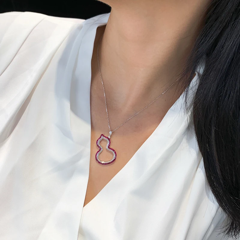 LUOWEND 100% 18K White Gold Necklace Luxury Design Shiny Diamond Natural Ruby Gemstone Necklace for Women High Party Jewelry