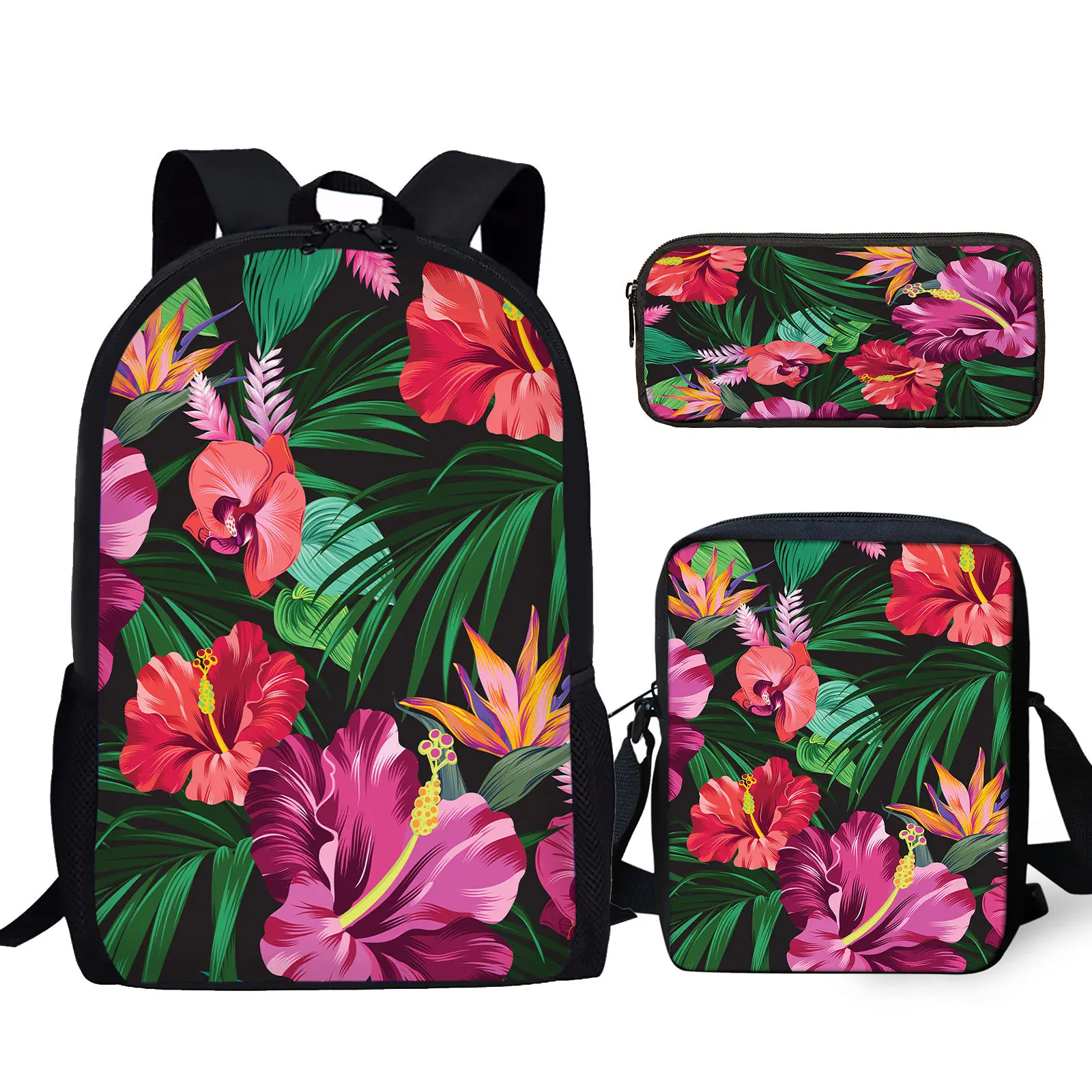 

Hibiscus Palm Leaf Design Youth Notebook Large Capacity Bag With Zipper Messenger Bag Tropical Plant Print Student Pencil Case Y