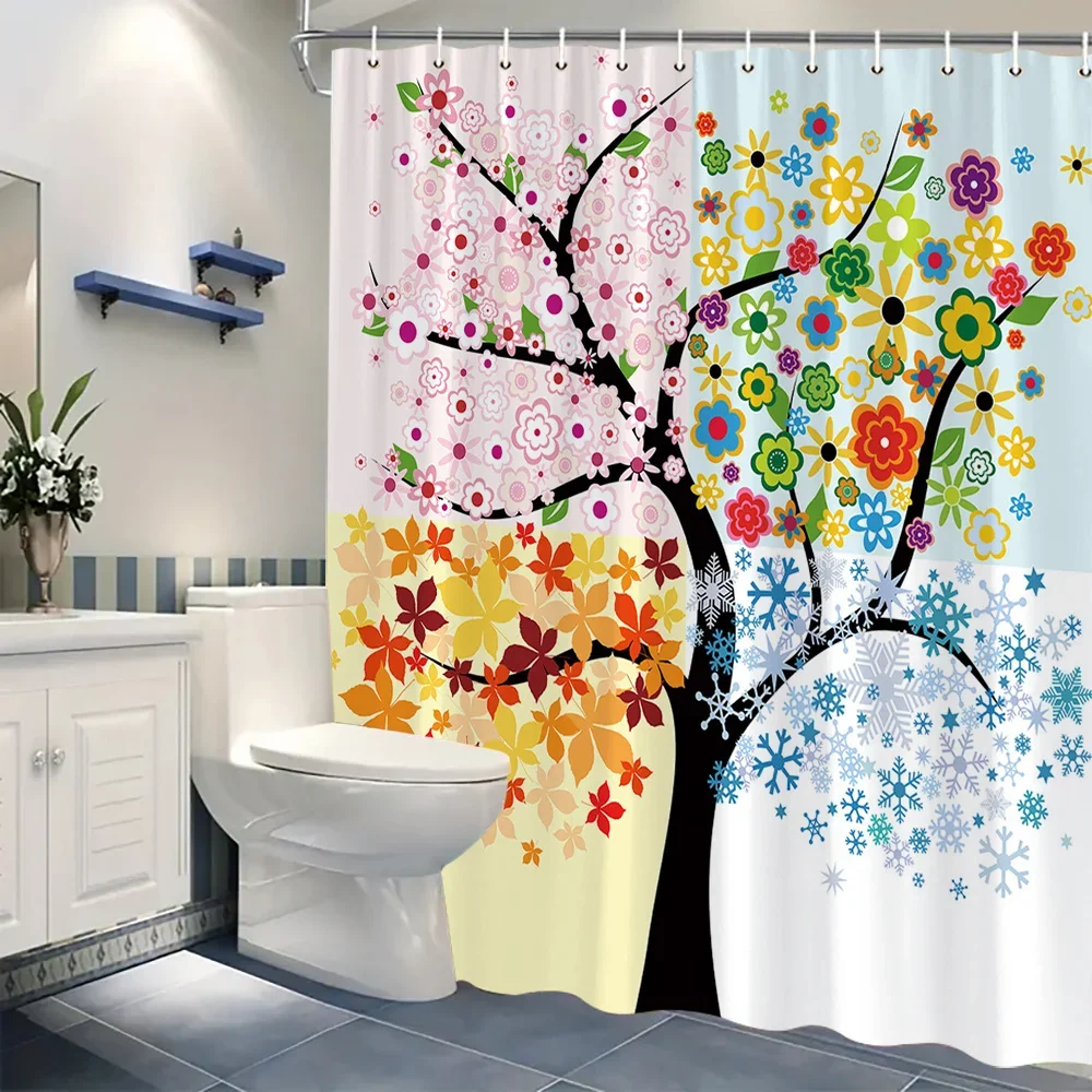 Zasłona prysznicowa z motywem czterech pór roku - wzory od wiosny do zimy, 12 haczyków, poliester nadający się do prania, abstrakcyjny kwiatowy wystrój łazienki