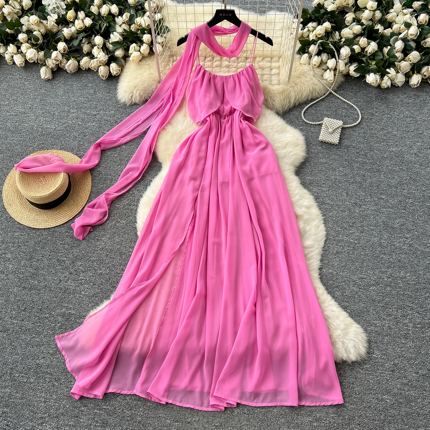 

Шифоновое платье с открытой спиной и разрезом на шее, элегантное сказочное тонкое вечернее клубное винтажное платье, корейская модная женская одежда