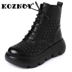 Koznoy New In Women's Boots 5cm Cow Genuine Leather Ankle Boots Summer Hollow Women Ladies Moccasin ZIP Platform Elegance Shoes