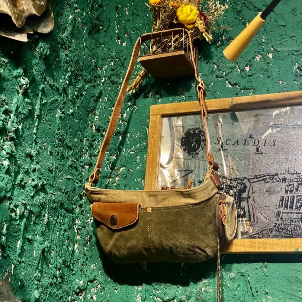 Tailor Brando NB01 Oil Waxed Canvas & Vegetable Tanned Leather Biker Style Crossbody Waist Bag Classic Vintage Chest Bag