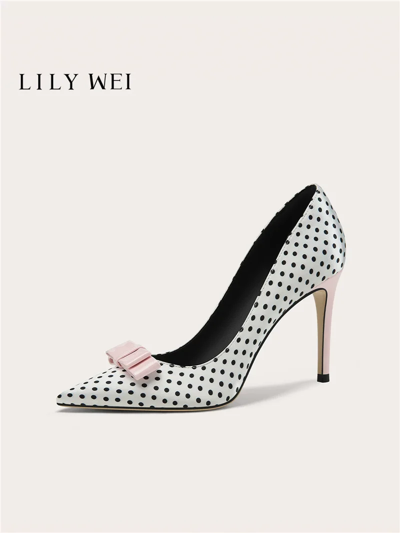 Autumn new pointed shallow mouth polka dot silk bow single shoe banquet large size small size widened high heels women's shoes
