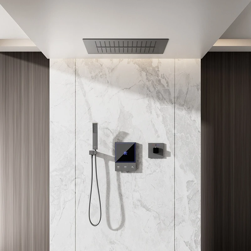 

Full Brass Concealed Shower Set Hot Cold Knob Thermal Fusion Hotel Black Shower System with Shelf