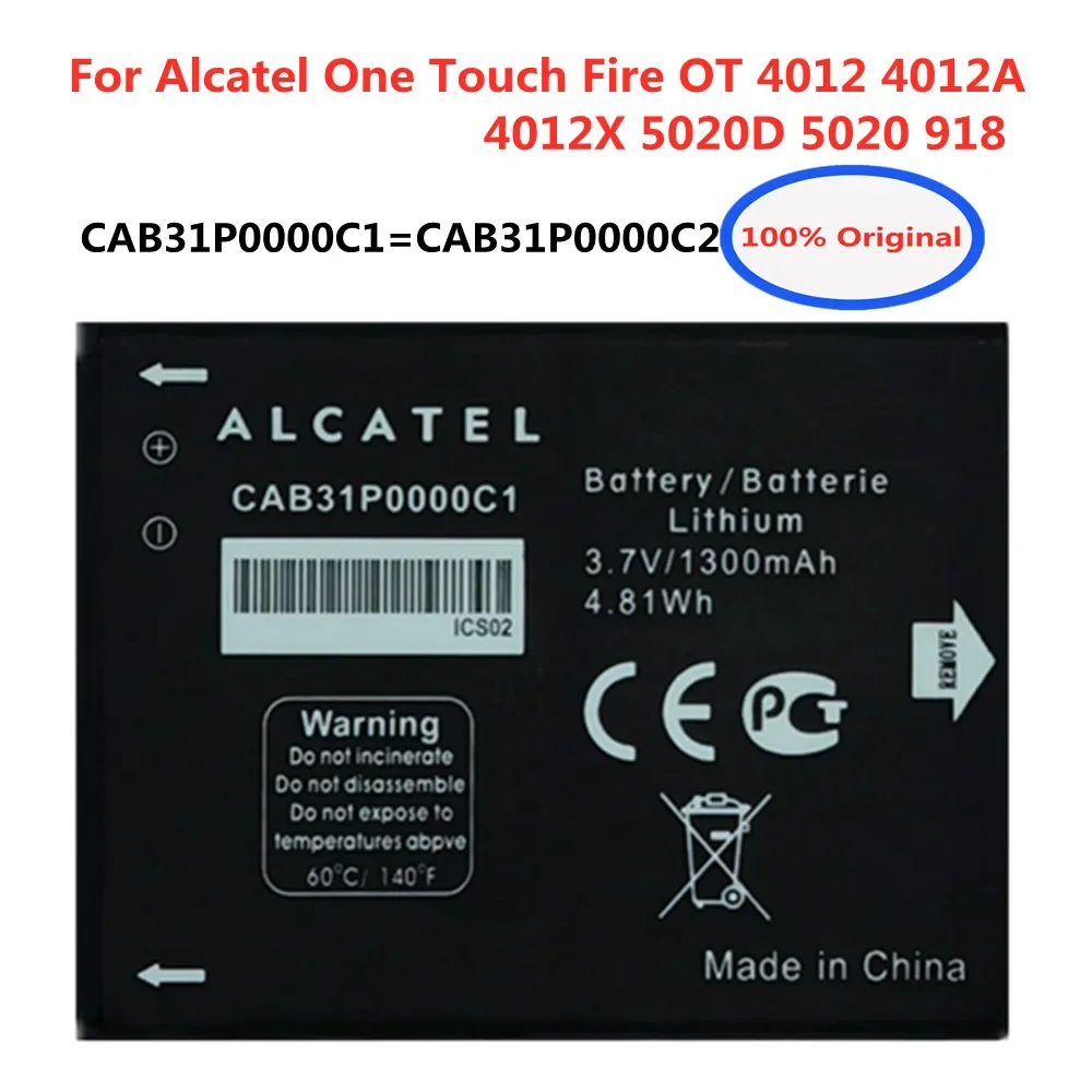 CAB31P0000C1 CAB31P0000C2 TLi014A1 Original Battery For Alcatel One Touch 4033D 4032D POP C3 Pixi 4007D BY71 Batterie 1300mAh