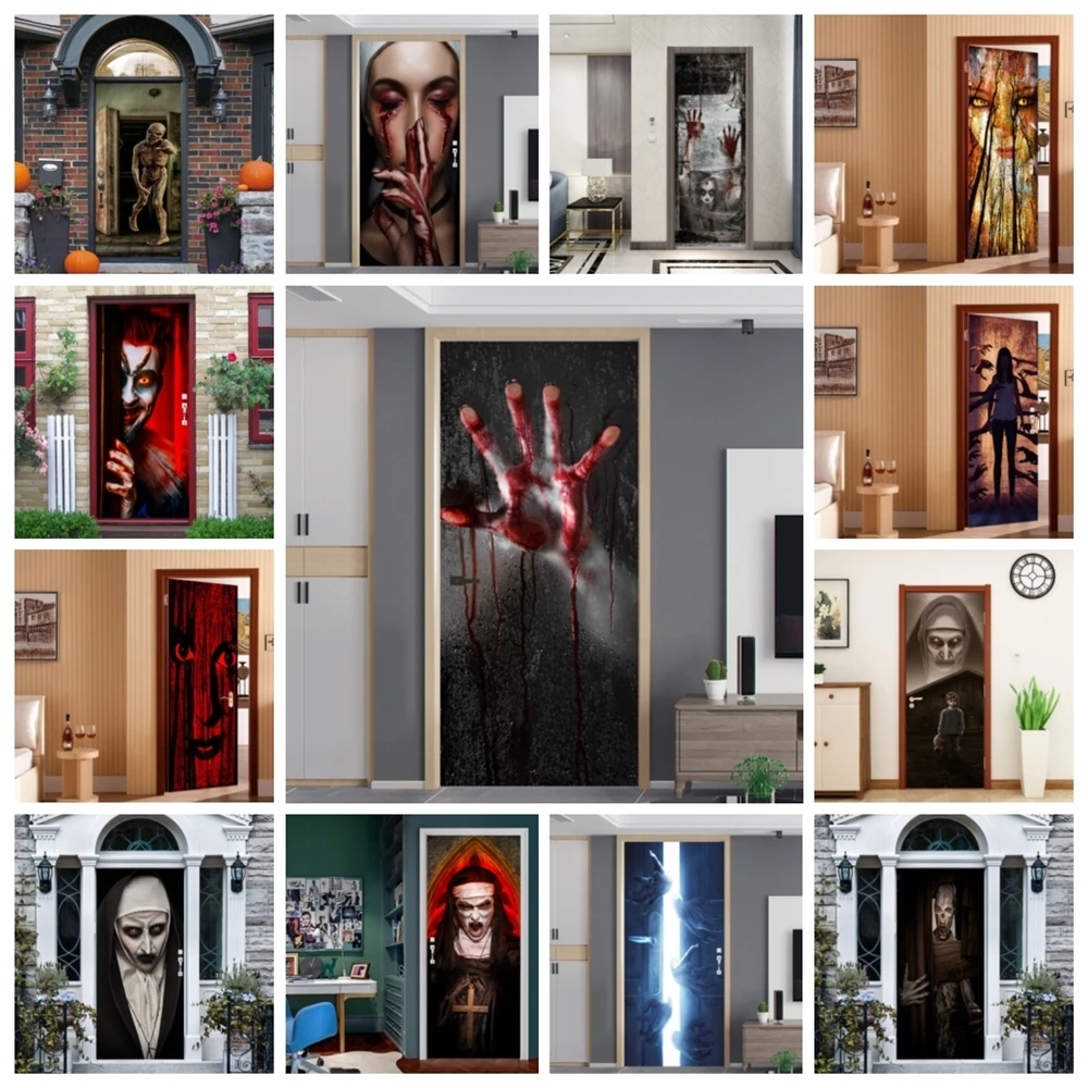 

Happy Halloween Decorations Door Stickers Home Entrance Bathroom Toilet Horror Blood Hands Wallpaper Wall Decals Window Poster