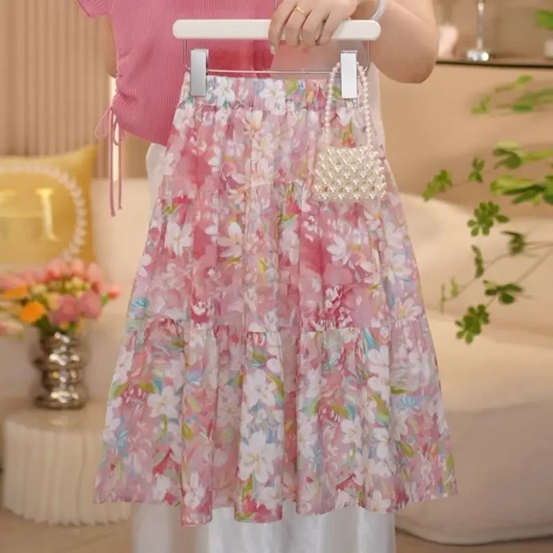 

2026 New Girls Summer Outfit Floral Skirt And T-Shirt Waist-Cinching Two-Piece Set Trendy Children's Clothing