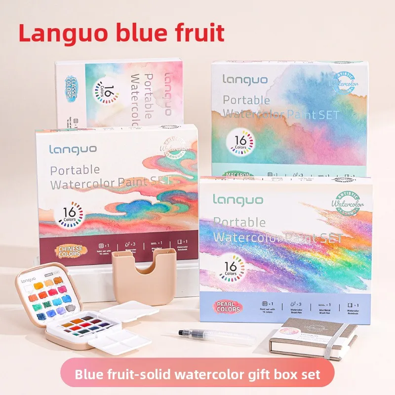 Solid Watercolor Gift Box Set with 16 Colors, Portable Watercolor Paint Kit with Watercolor Book, Water Brush Pens, Sponge and