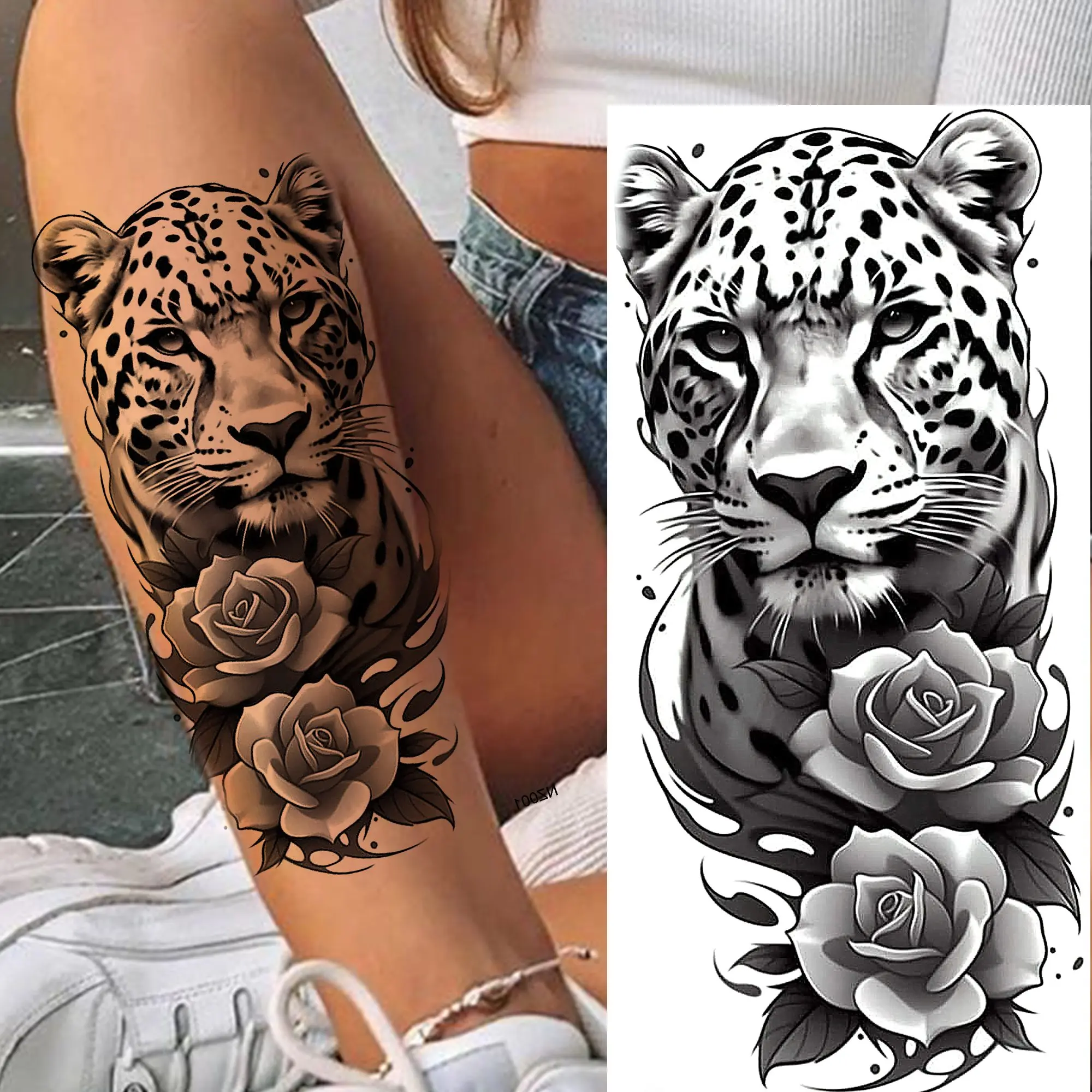 1 Sheet Leopard Lion With Rose Flowers Temporary Tattoos For Women Girls Waterproof Realistic Fake Tattoo Sticker Long Lasting 5