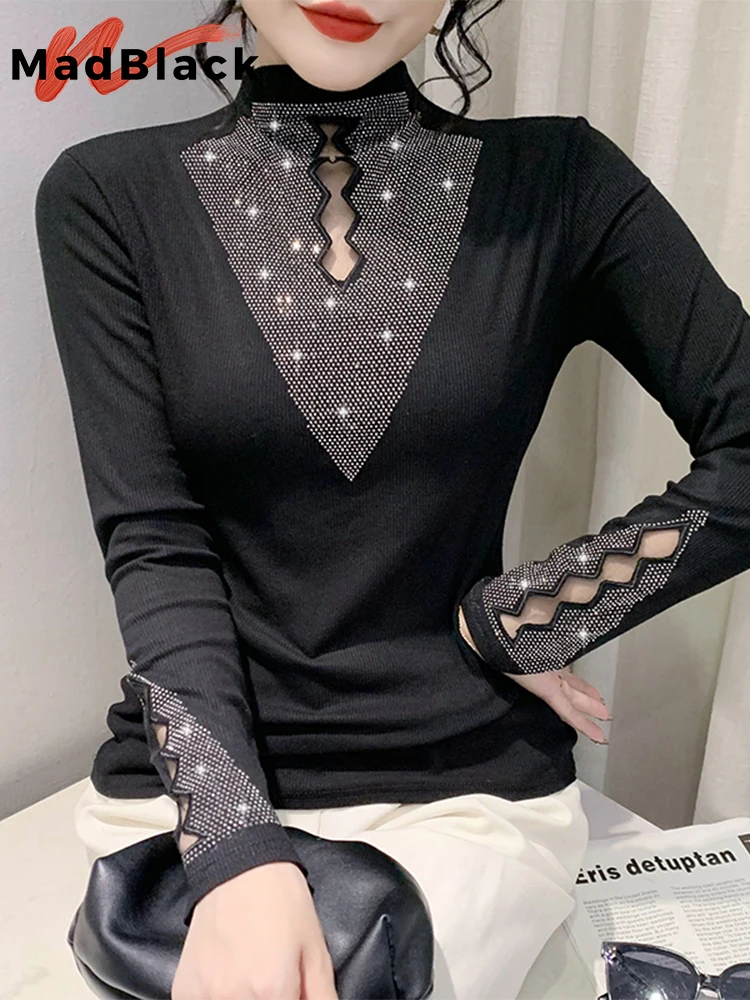 MadBlack High Collar T-Shirt Sexy Sheer Chiffon Long Lantern Sleeve Pearl Patchwork Women Elastic Tops Tee Autumn Winter T20616S