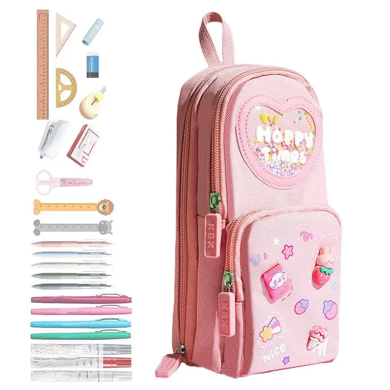 

Cute Pencil Bag 3 Tier Stationery Pen Bag Big Capacity 6 Compartment Water Resistant Multipurpose Pencil Pouch For School