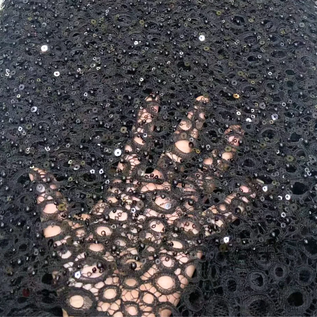 

Latest Beaded Sequins Black Lace Fabric High Quality Circle Embroidery Nigerian French Mesh For High-end Handmade Party Dresses