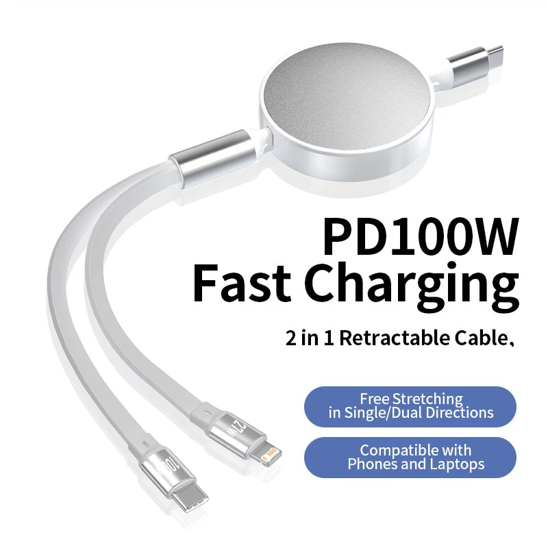 كابل USB C إلى USB C 100 وات قابل للسحب 2 في 1، سلك شاحن متعدد الوظائف، سلك شحن سريع لهاتف iPhone 17، Samsung Galaxy S24