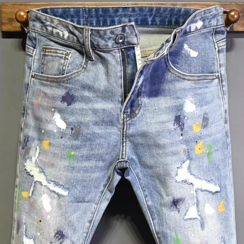 Calça jeans rasgada azul clara masculina, esticada, magro, fit, designer, hip hop, retrô, moda de rua alta