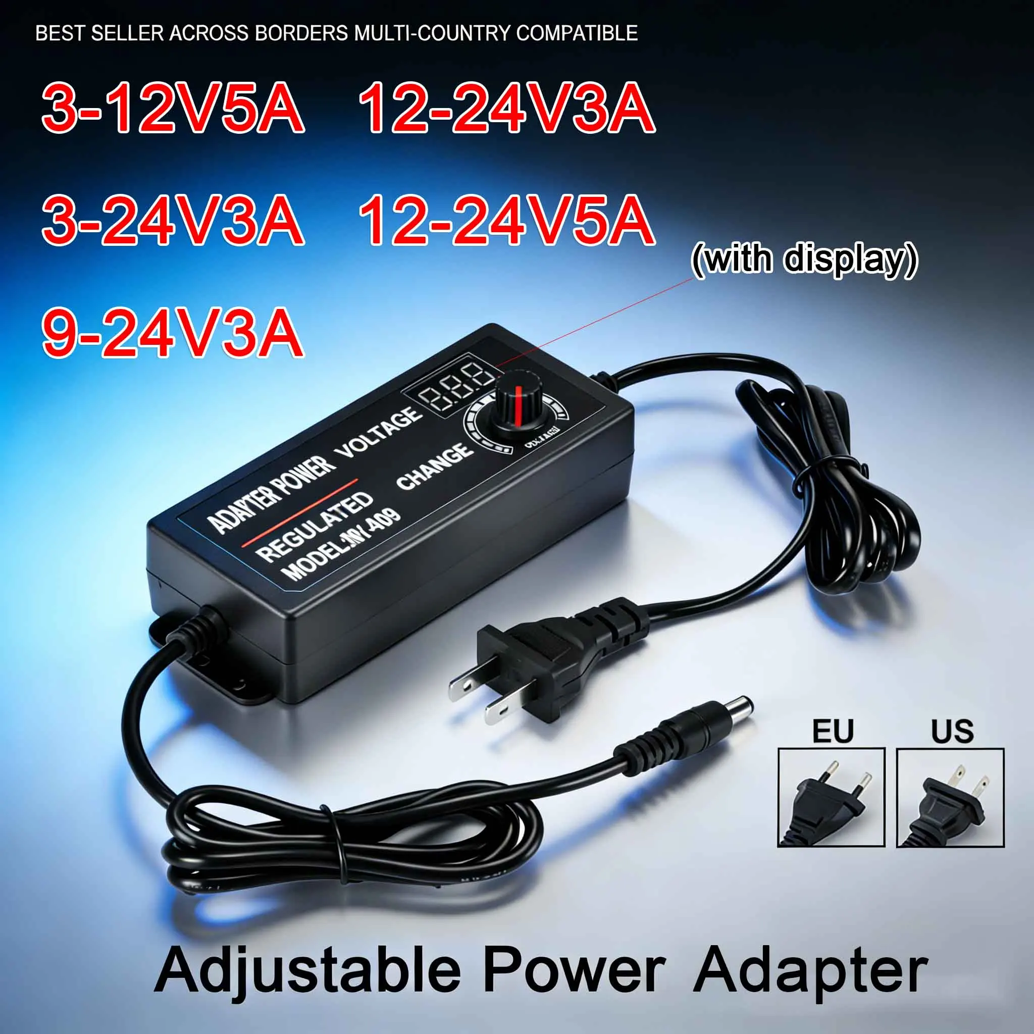 Adjustable Power Supply Adapter AC To DC 3V 9V 12V 24V 3A 5A Universa Adapter with Display Screen Voltage Regulated Hoverboard