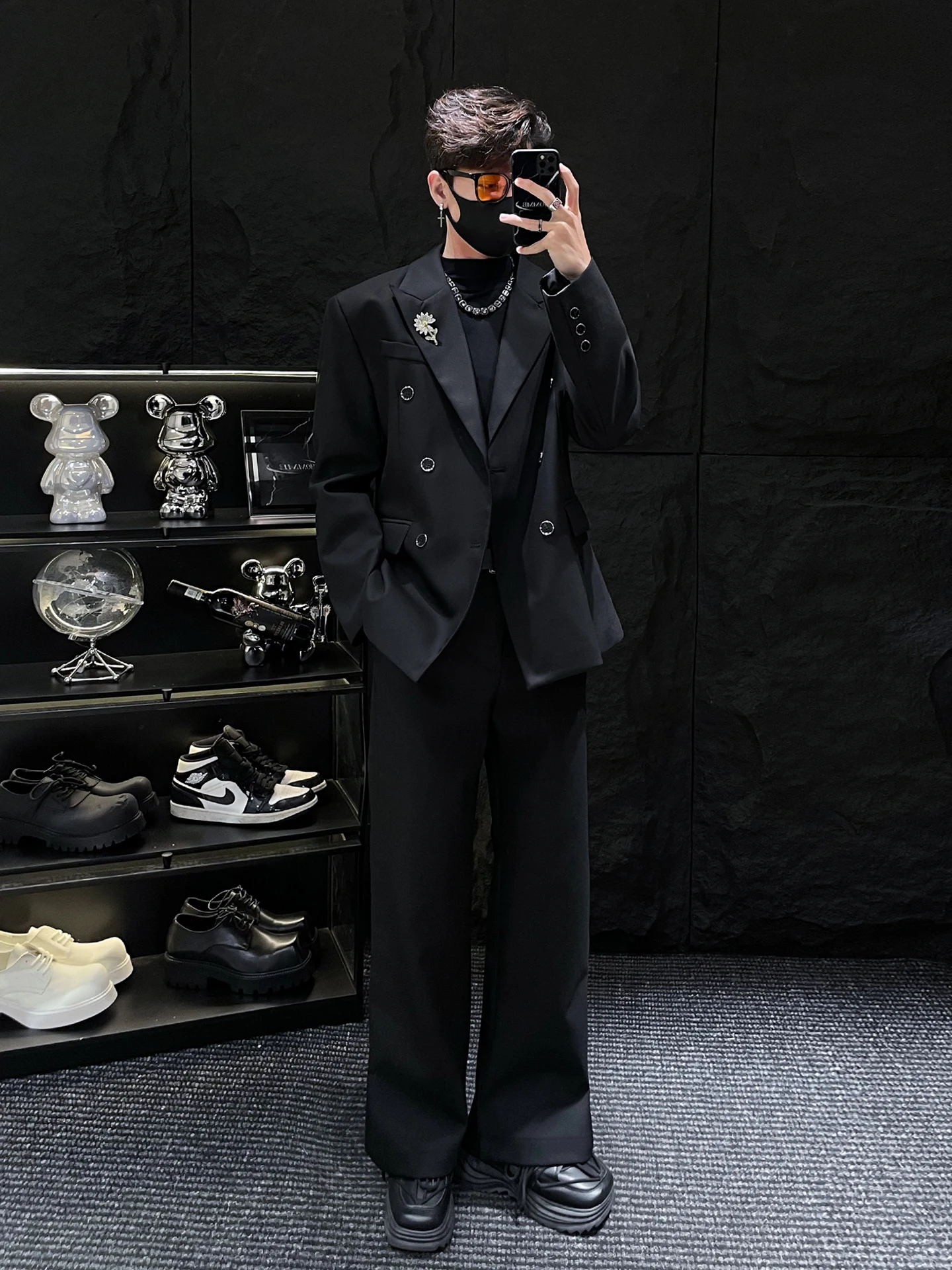 

High-End Double-Row Button Waist-Cinching Men's Casual Suit Two-Piece Set Flared Trousers Classic Sle Metal Decoration Spri...