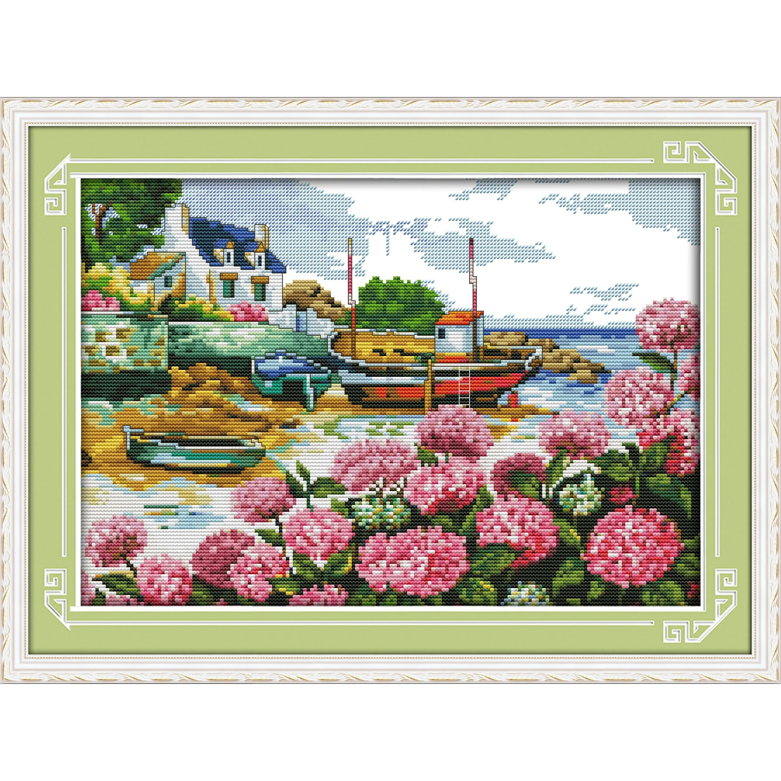 

Soulgift News Pre-Printed Cross Stitch Kit, Stamped Aida Fabric with DMC Threads, Embroidery kit - Beautiful Seaside Scenery