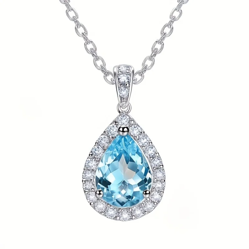

SGARIT 925 Silver Natural Crystal Pendant Necklaces Sky Blue Topaz Necklace for Women Jewellery